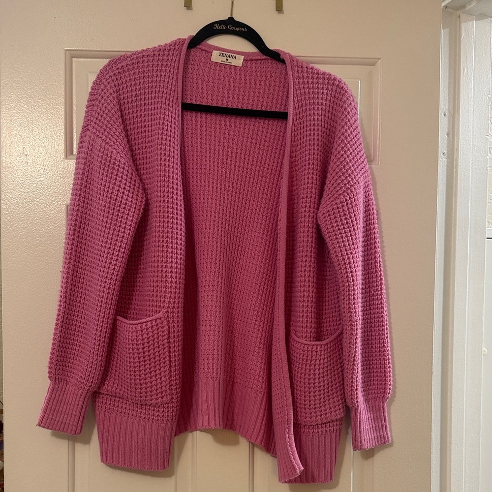 💕 Chic Pink Open-Front Cardigan, with Pockets💕